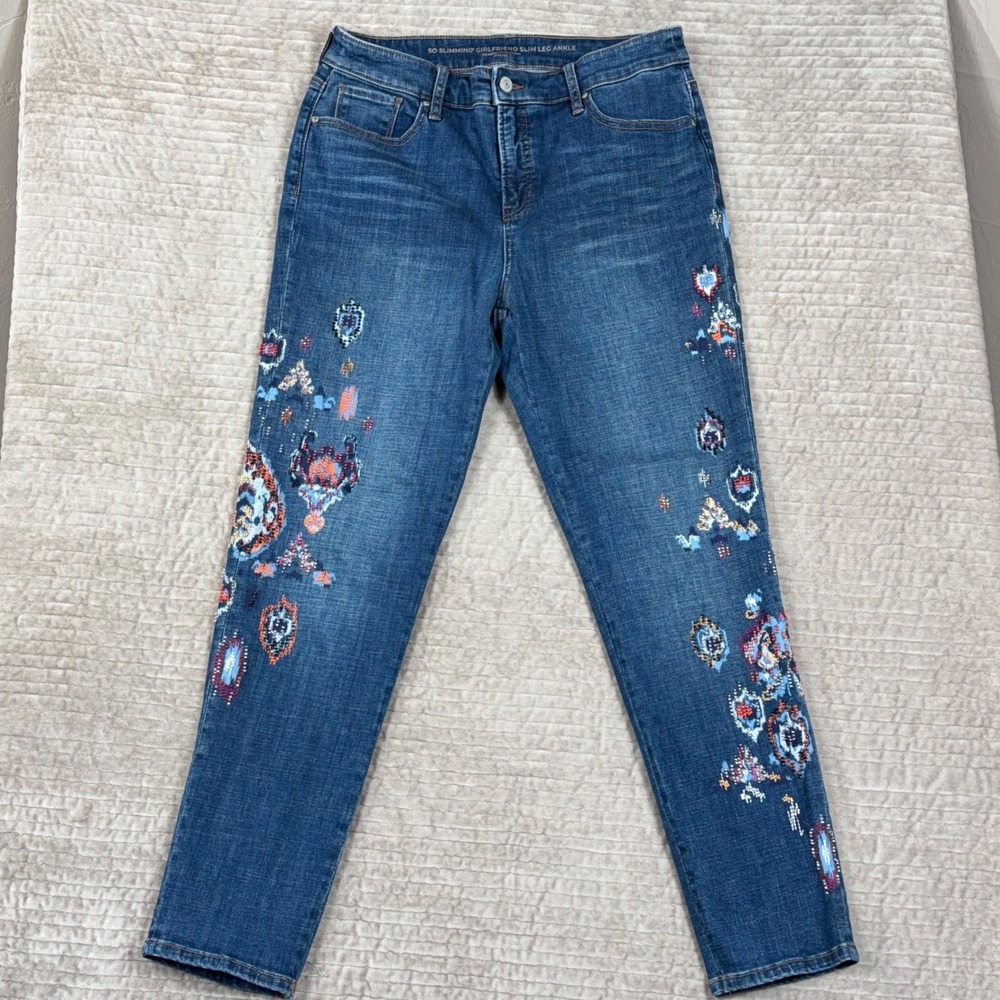 Chico's So Slimming Girlfriend Slim Leg Ankle Embroidered Beaded Jeans 1R 8R